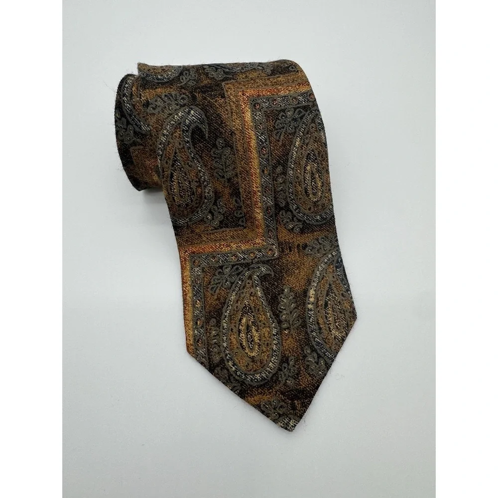 Ermenegildo Zegna Silk Tie Brown Gold Paisley Geometric Italy‎ Luxury Designer